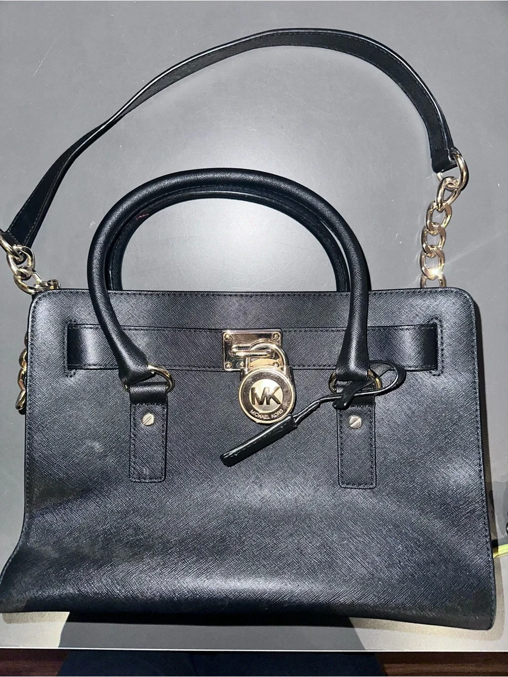 Michael Kors Hamilton Black Saffiano Leather with Gold Accent Lock